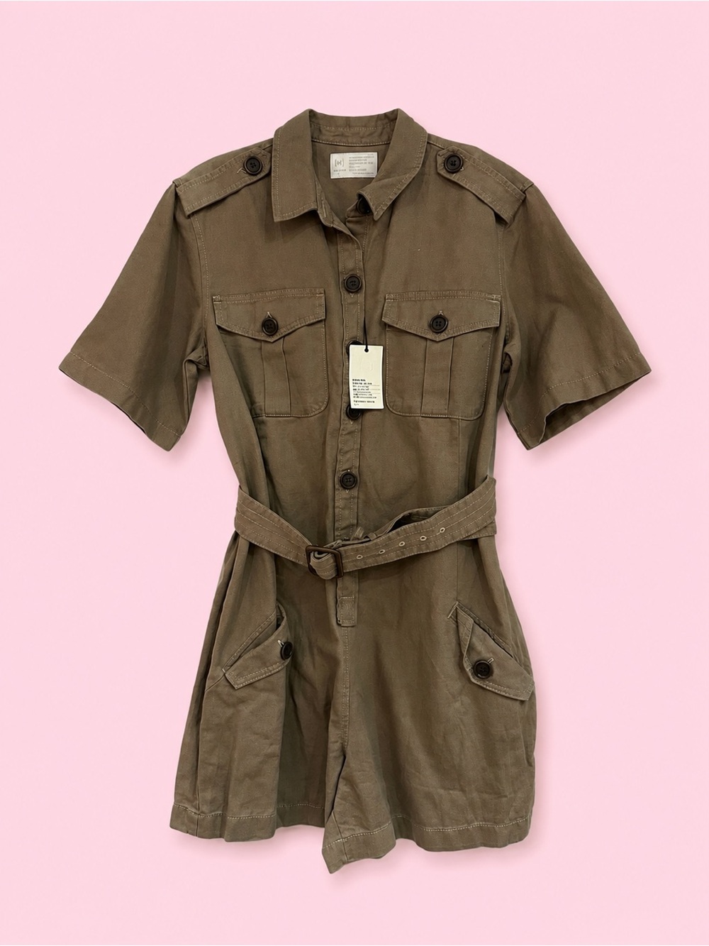 Utility Short-Sleeve Belted Romper - Olive